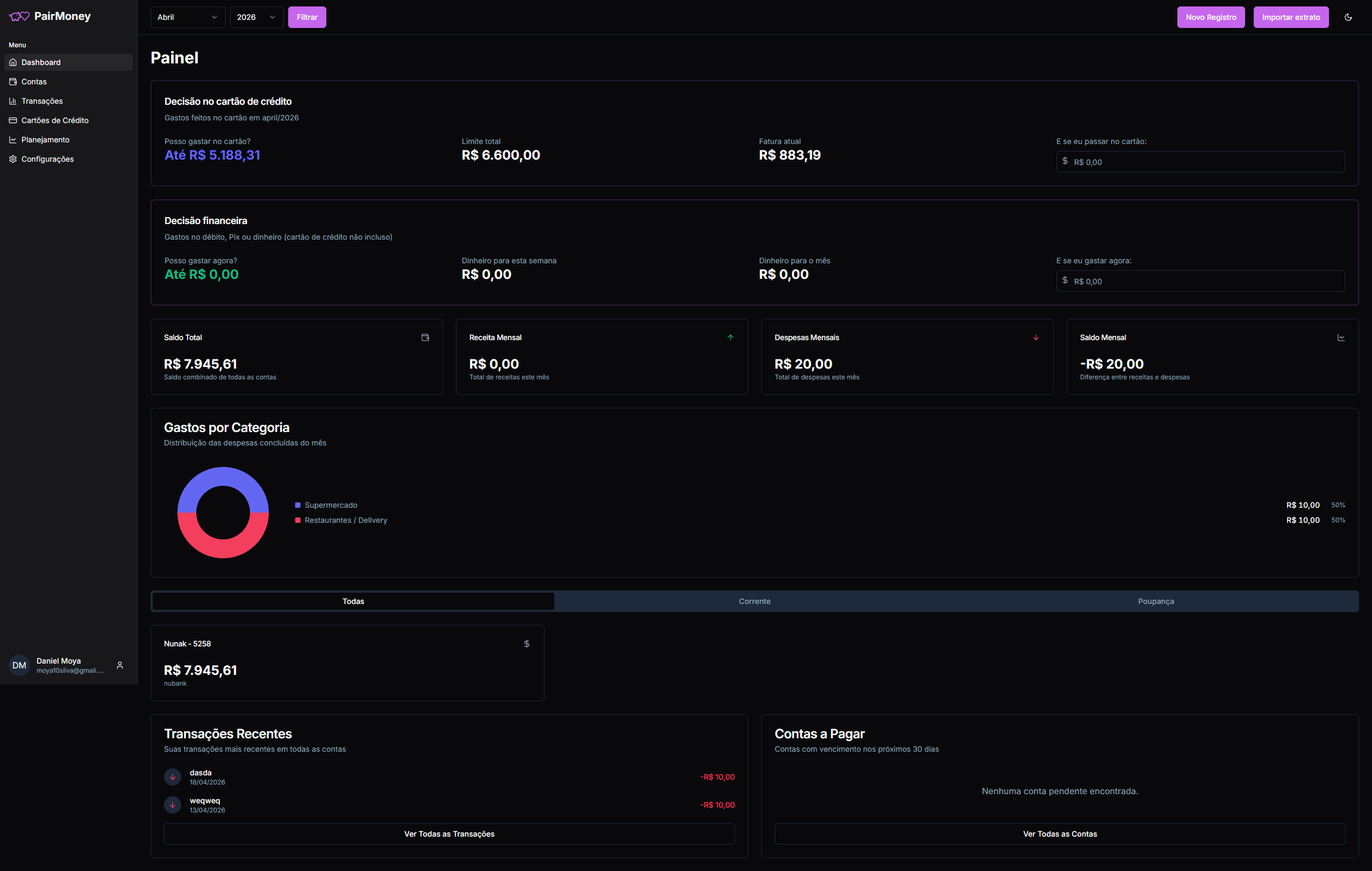 Prévia do Dashboard PairMoney